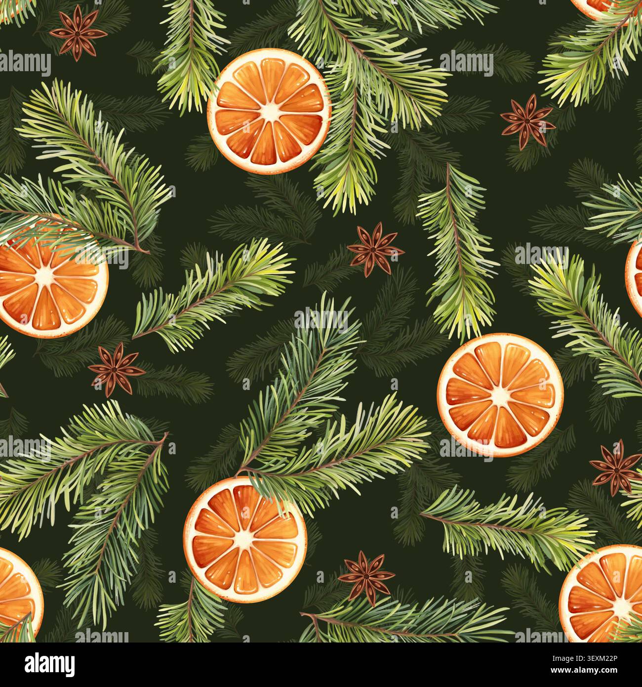 Hand-drawn seamless pattern featuring fresh orange slices, green pine branches, and star anise on a dark green background. Perfect for cozy winter hol Stock Photo