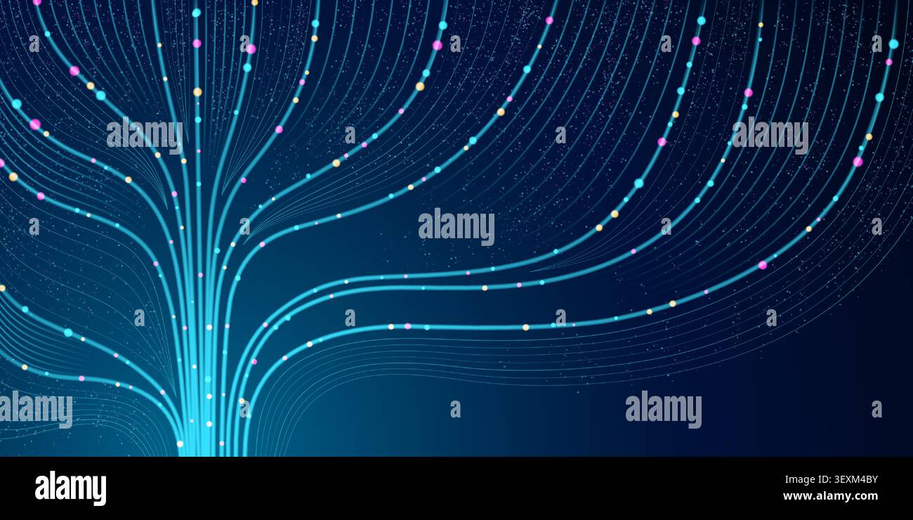 Abstract ai data flow vector background. Neon glowing blue stream, neural networks algorithm, big data analysis model and digital technology concepts with dynamic line patterns and connected particles Stock Vector