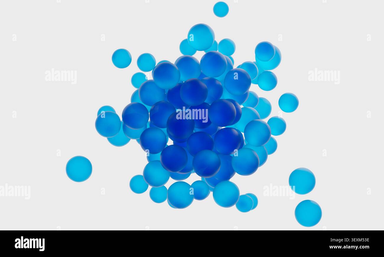 Blue spheres creating an abstract, modern, and clean visual composition floating in space. 3d rendering Stock Photo