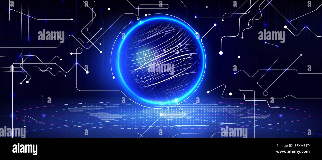 Neon Earth's globe with glowing blue network lines and motion effect, abstract vector background. 3d world map visualization with arrows, connected data points, digital sphere for technology design Stock Vector