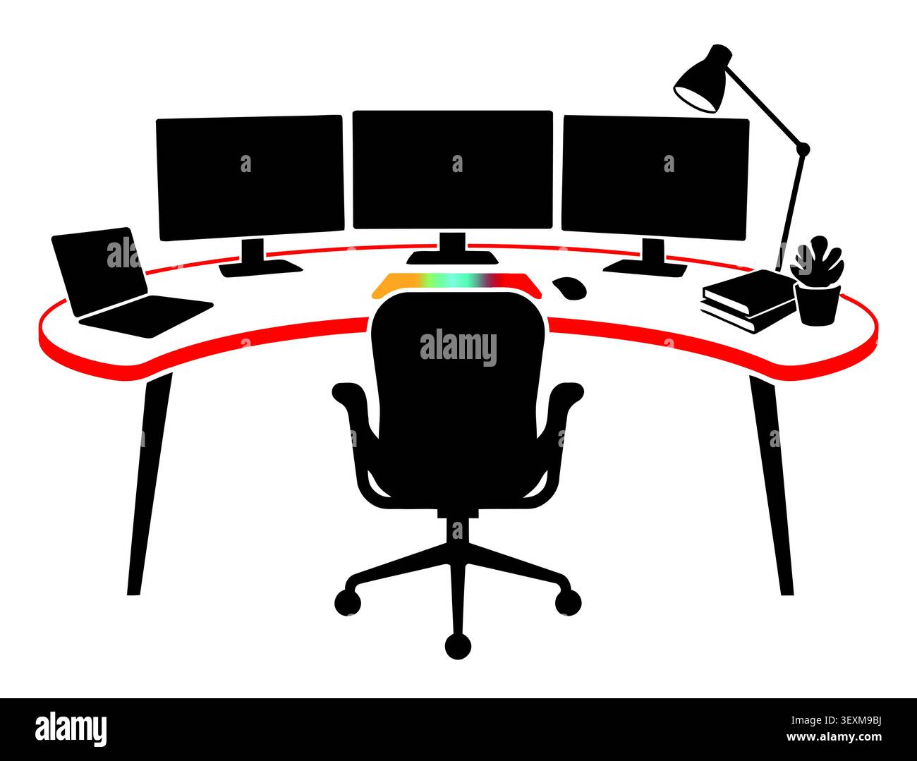 Modern computer workstation with triple monitors and chair Stock Vector