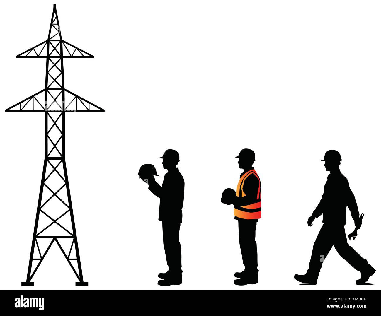 Electrical engineers and high voltage power pylon silhouette Stock Vector