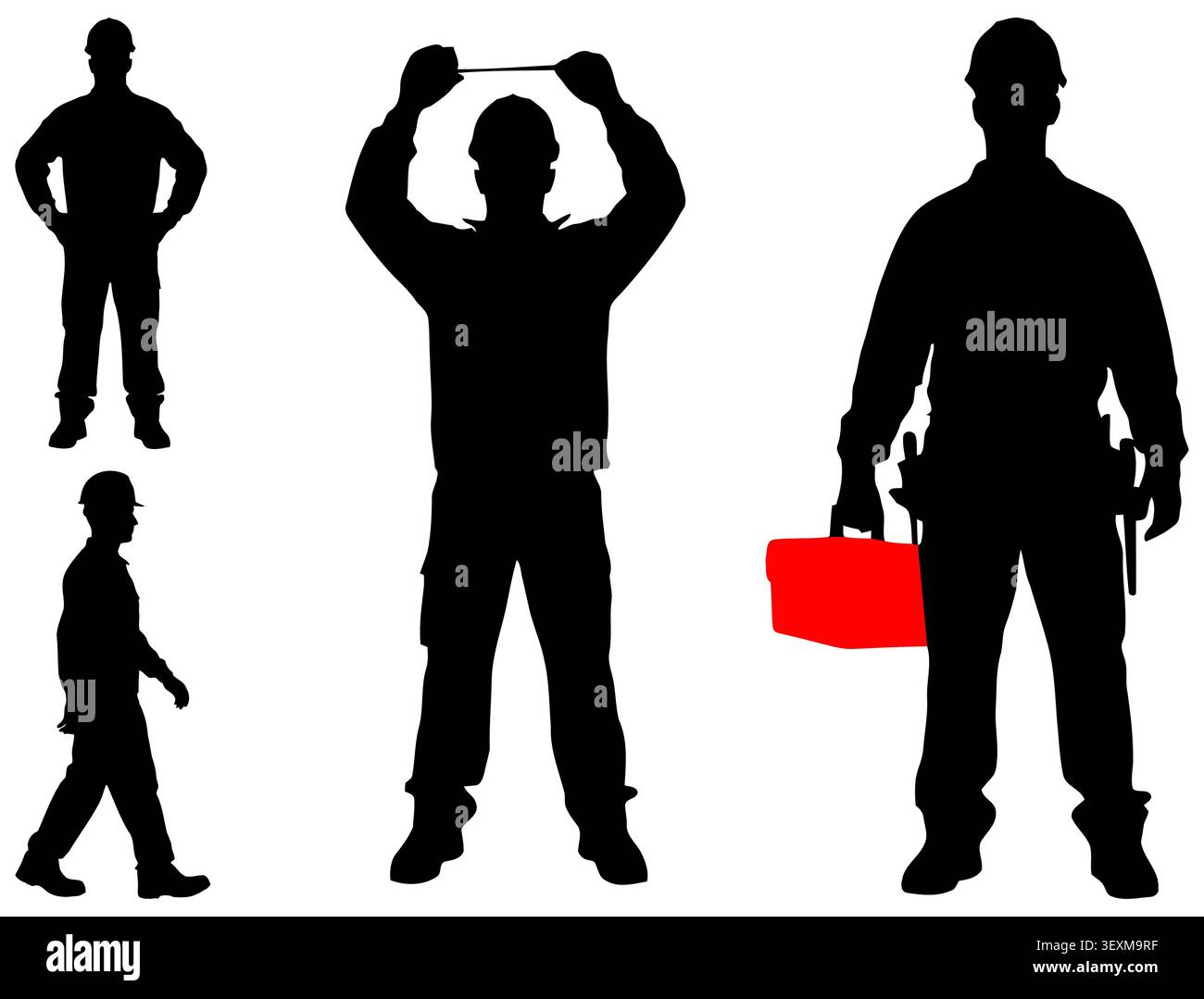 Construction worker silhouettes with hard hats and equipment Stock Vector