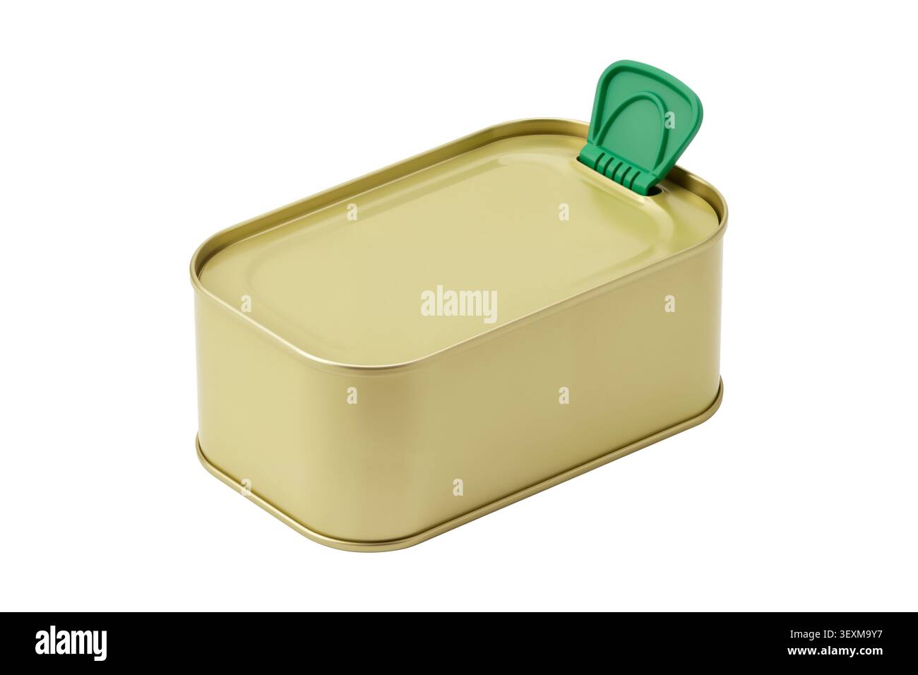 3d rendering of a rectangular yellow-green tin can with a green handle cap, shown in an isometric view with diffused ambient lighting. Stock Photo