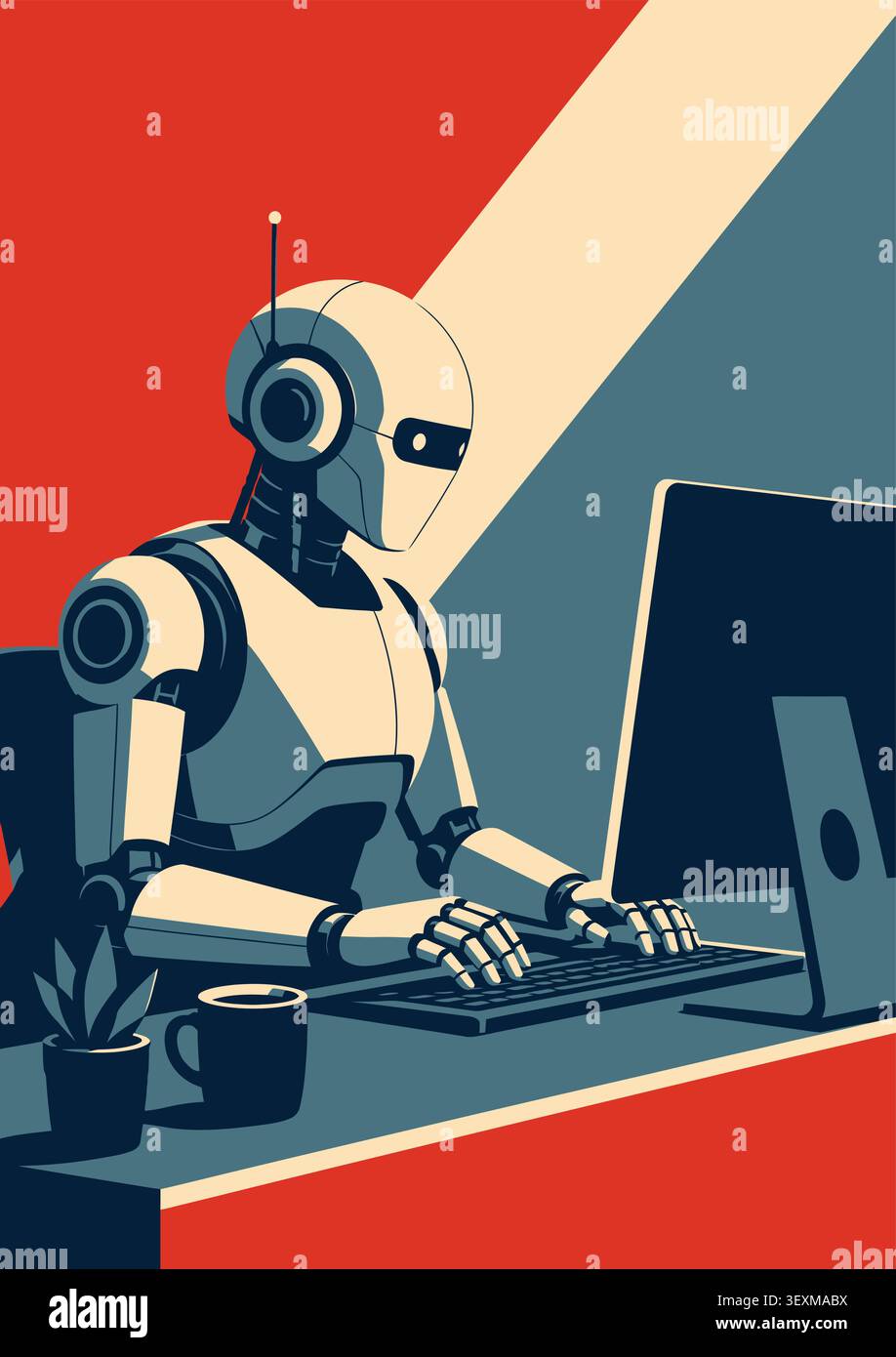 Robot typing on a keyboard at a desk with a computer monitor, coffee cup, and plant. Stock Vector