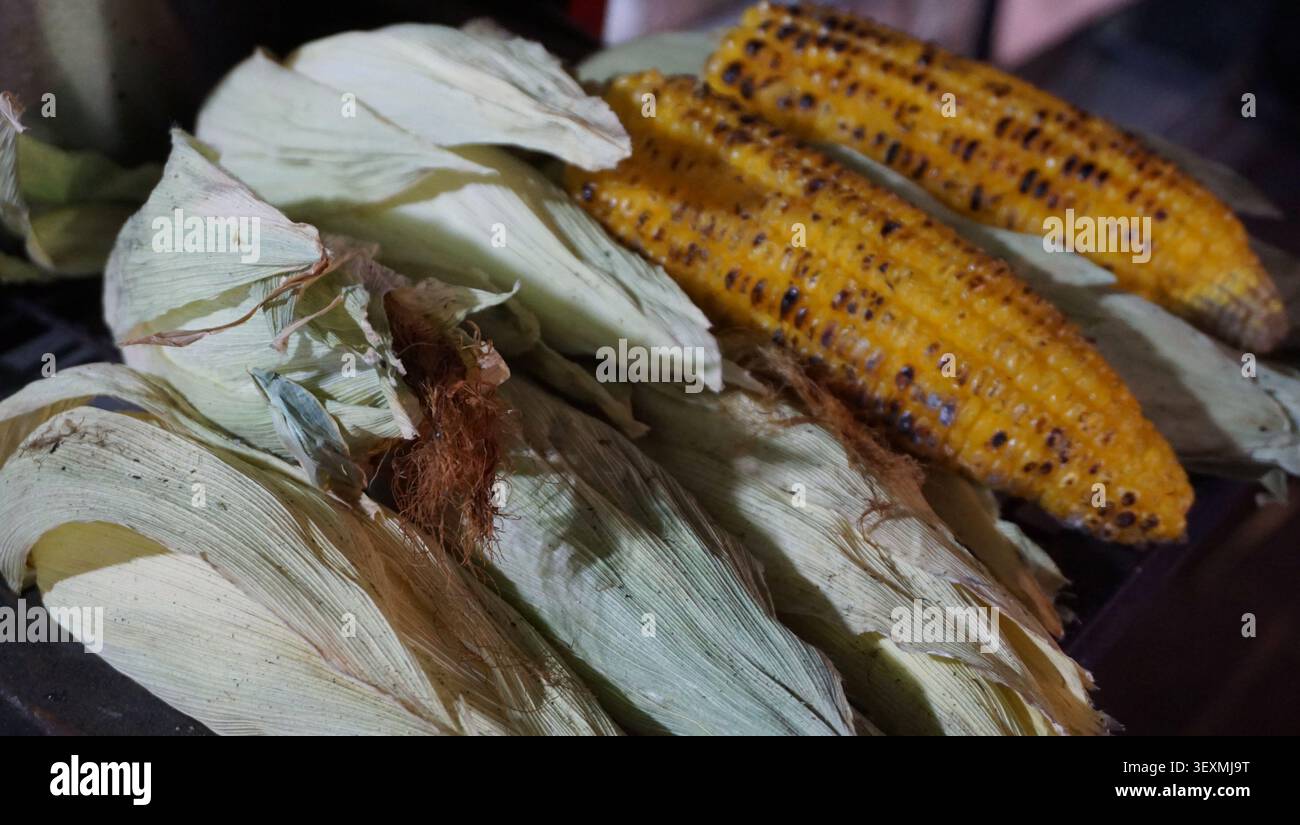 Charcoal Grilled Corn with Fresh Husks Stock Photo