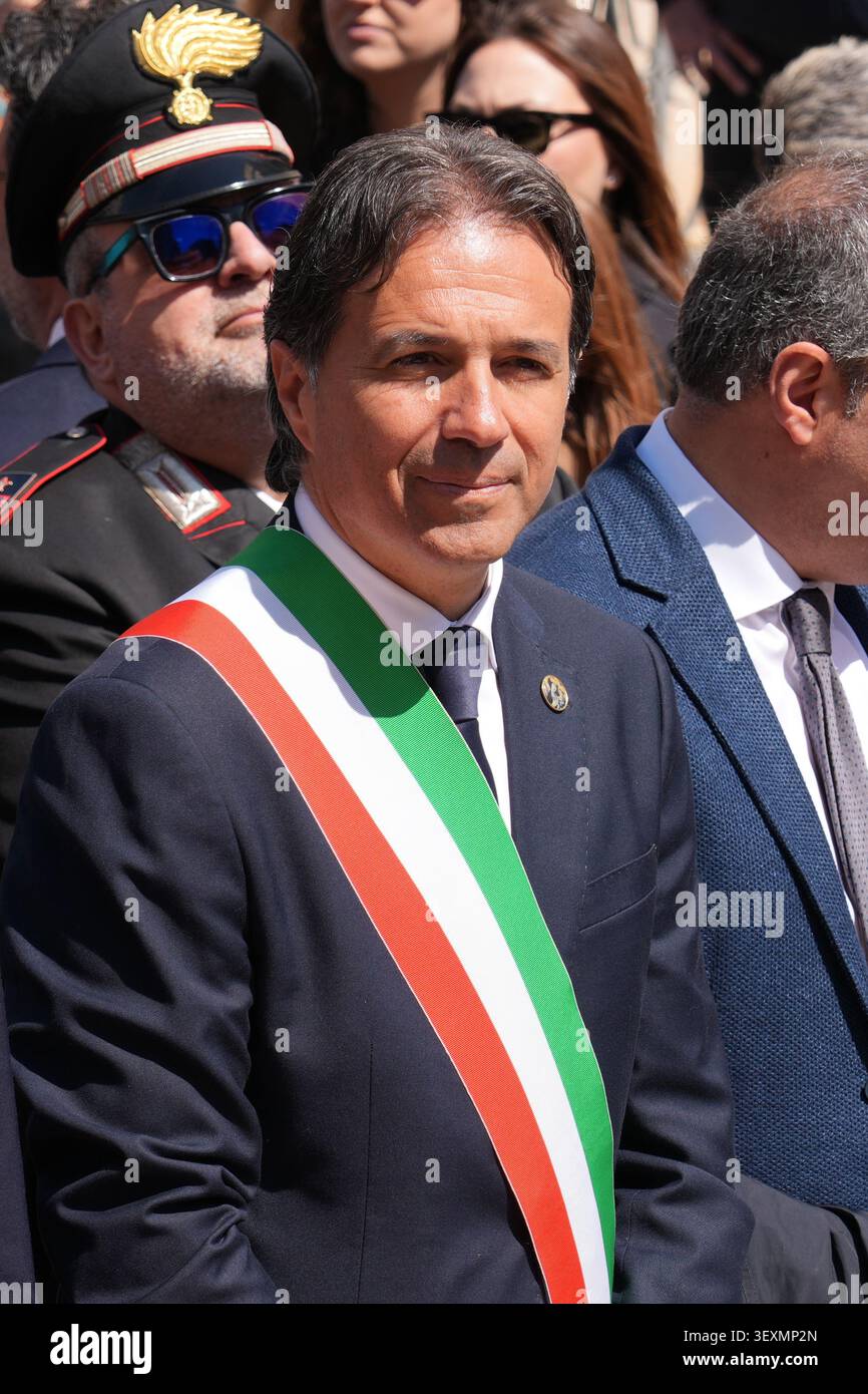 TERLIZZI, ITALY - APRIL 23, 2026: Mayor Michelangelo De Chirico takes part in patronal feast (Festa Patronale) procession celebrating Our Lady of Sove Stock Photo