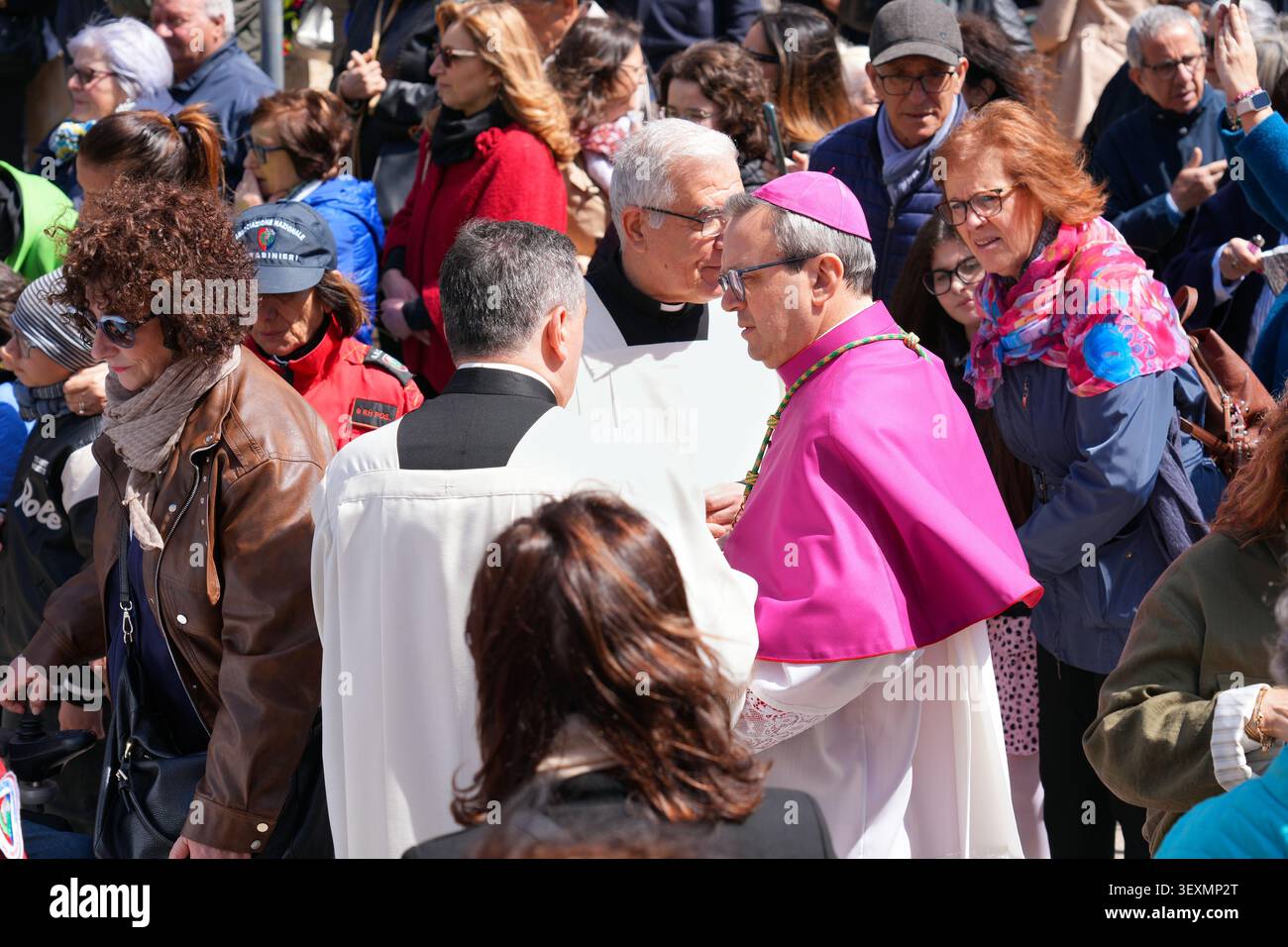 TERLIZZI, ITALY - APRIL 23, 2026: Newly elected bishop Msgr. Domenico Basile takes part in patronal feast (Festa Patronale) holiday celebrating Our La Stock Photo