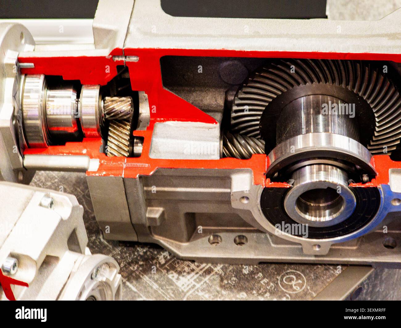 A detailed cross-section of a mechanical gear reducer, revealing the ...
