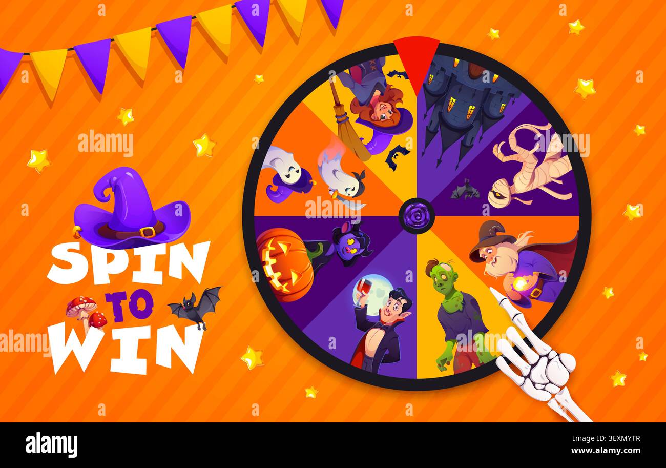 Halloween roulette spin, fortune wheel and scarecrow cartoon