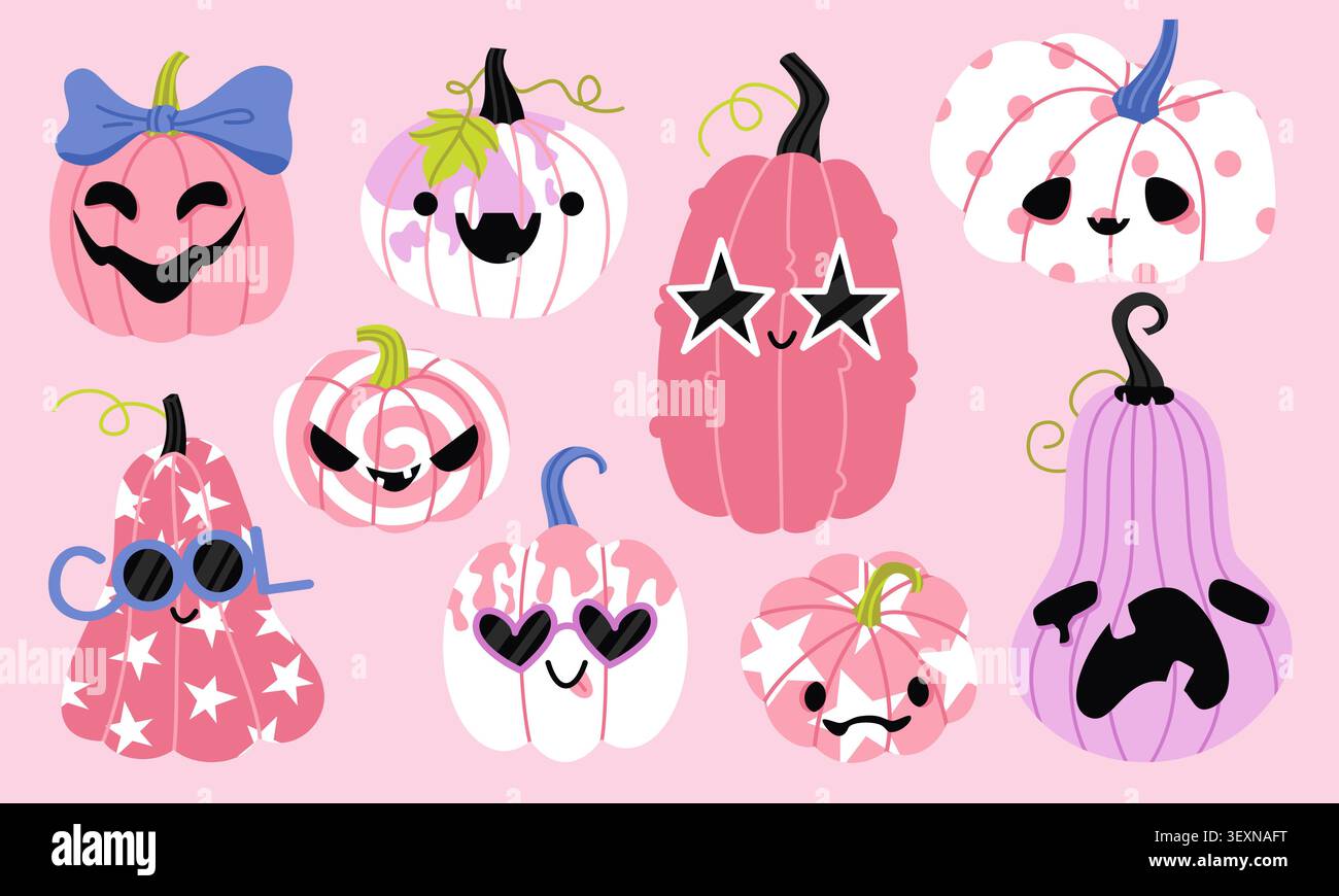 Cute pink pumpkins with funny faces vector set Stock Vector