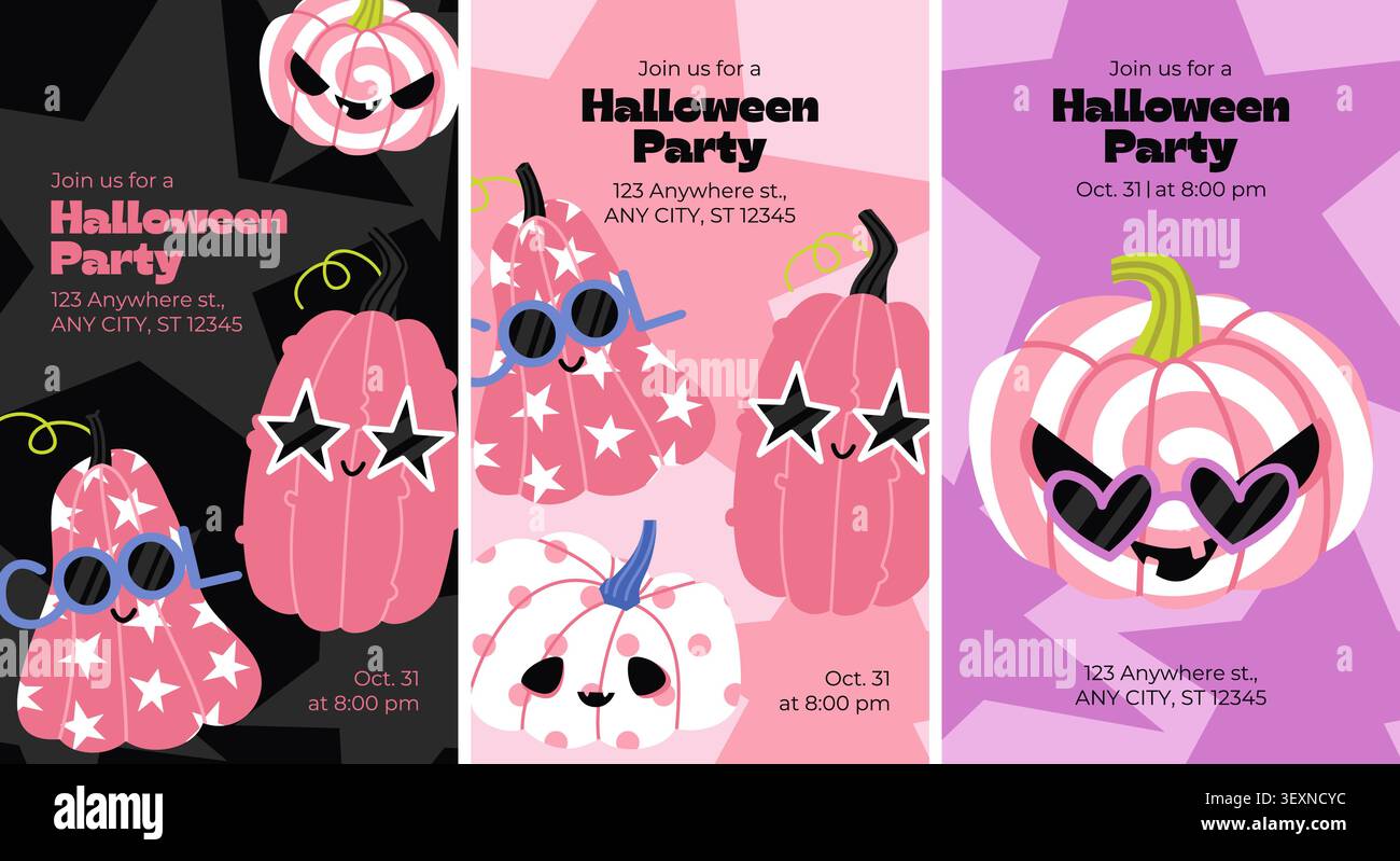 Pink Halloween party invitation banner set vector Stock Vector