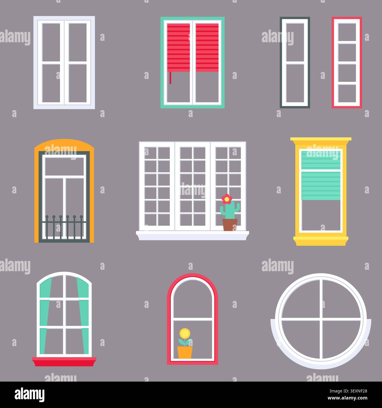 Window Styles with Colorful Frames Blinds and Cactus Flat Vector Illustration Set Stock Vector