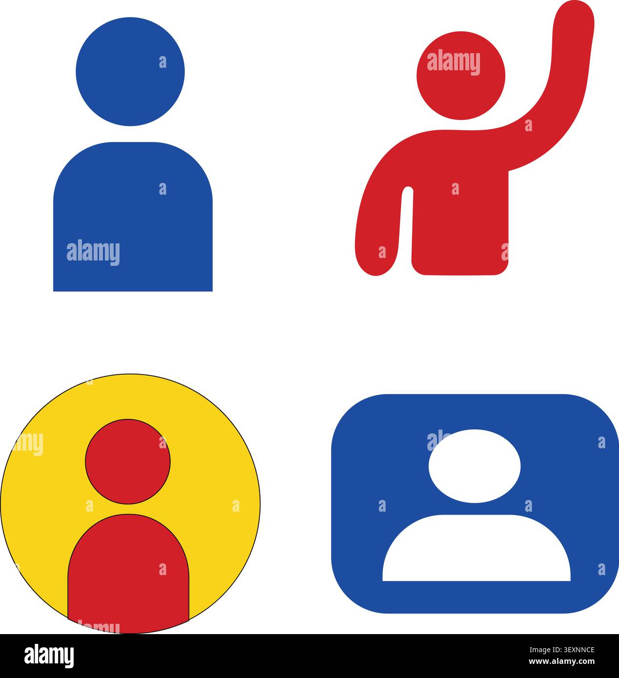 Set of four colorful user profile icons in blue red yellow representing people team group community audience members social network business Stock Vector