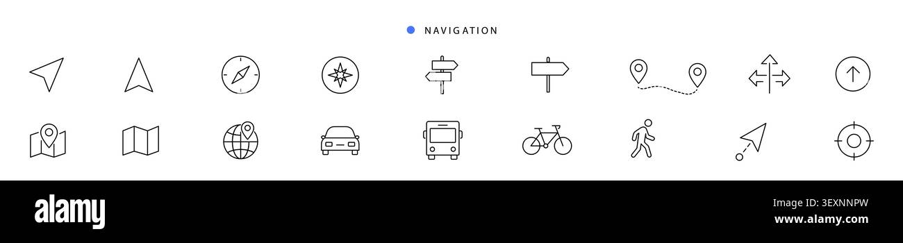 Navigation map and transport travel linear icons set .editable stroke. vector. Stock Vector