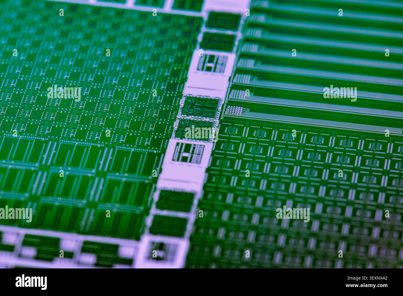 Silicon wafer displaying intricate patterns of integrated circuits and semiconductor microchips Stock Photo