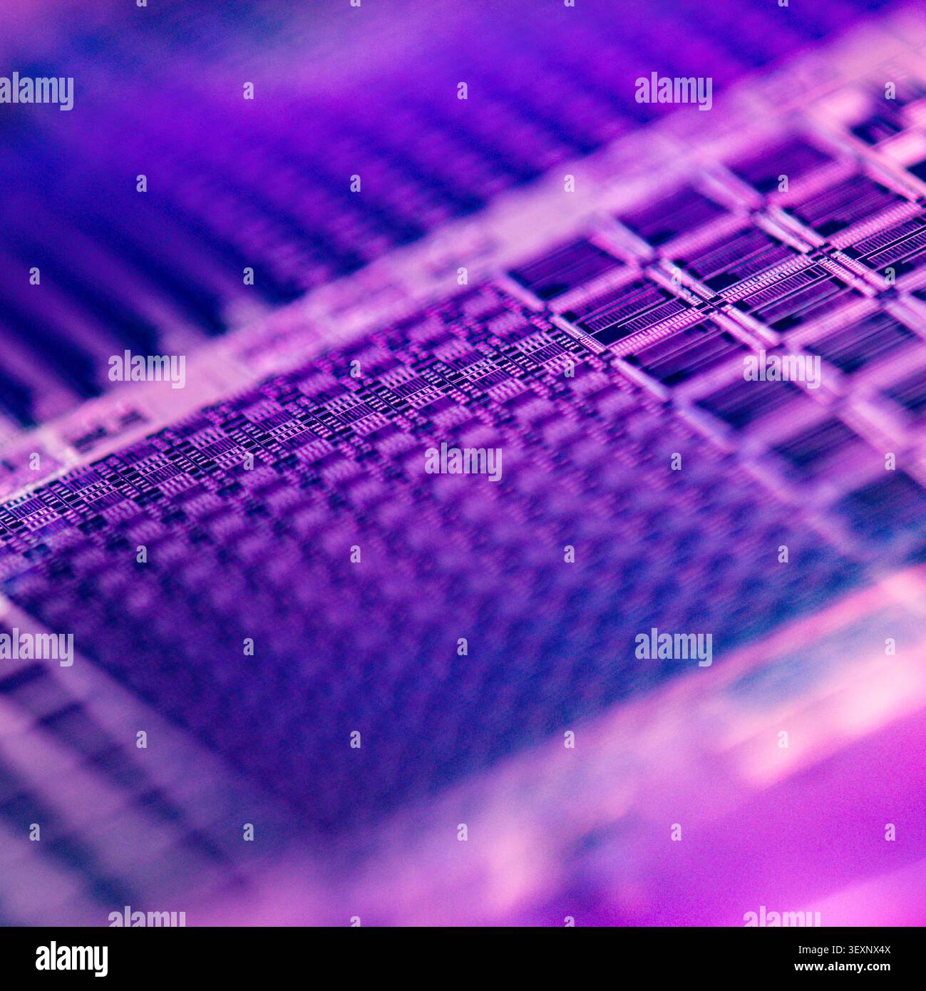 Wafer showing microelectronic chip patterns, representing semiconductor technology and computing Stock Photo