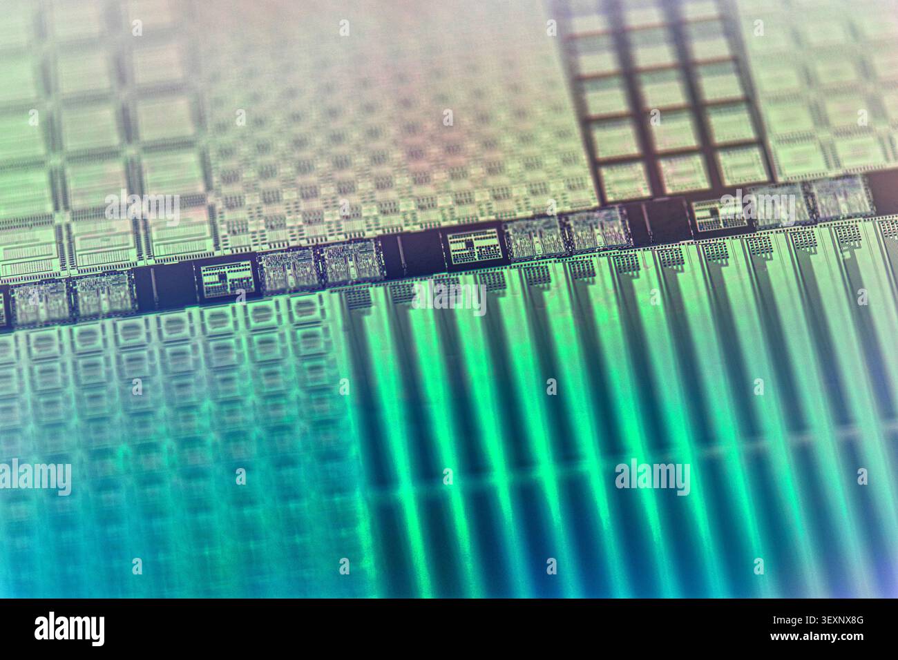 Silicon wafer displaying intricate electronic chip patterns with a reflective surface Stock Photo