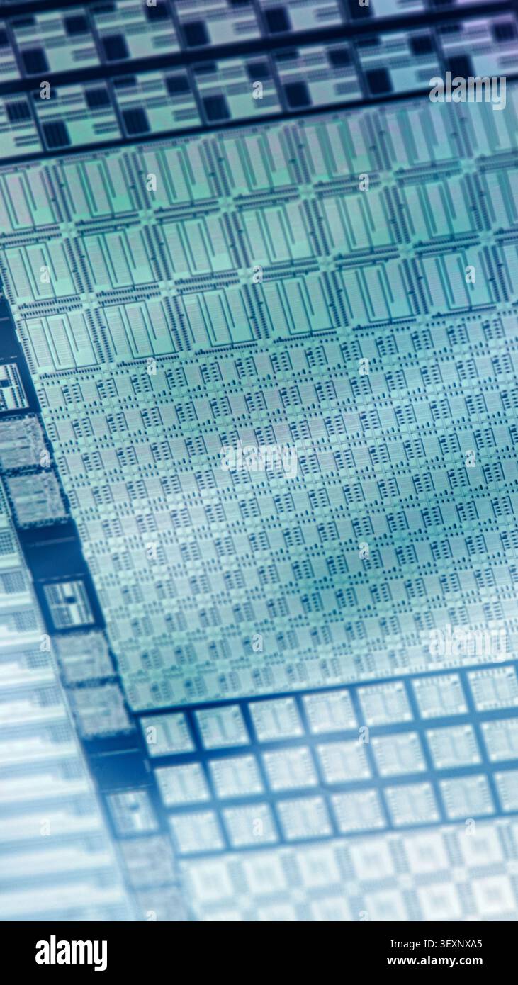 Wafer showing intricate patterns of microchips for computer technology Stock Photo