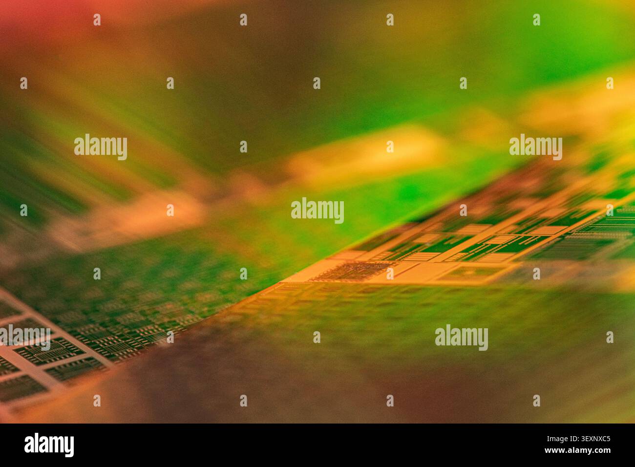 Silicon wafer reflecting light and displaying microchip patterns Stock Photo