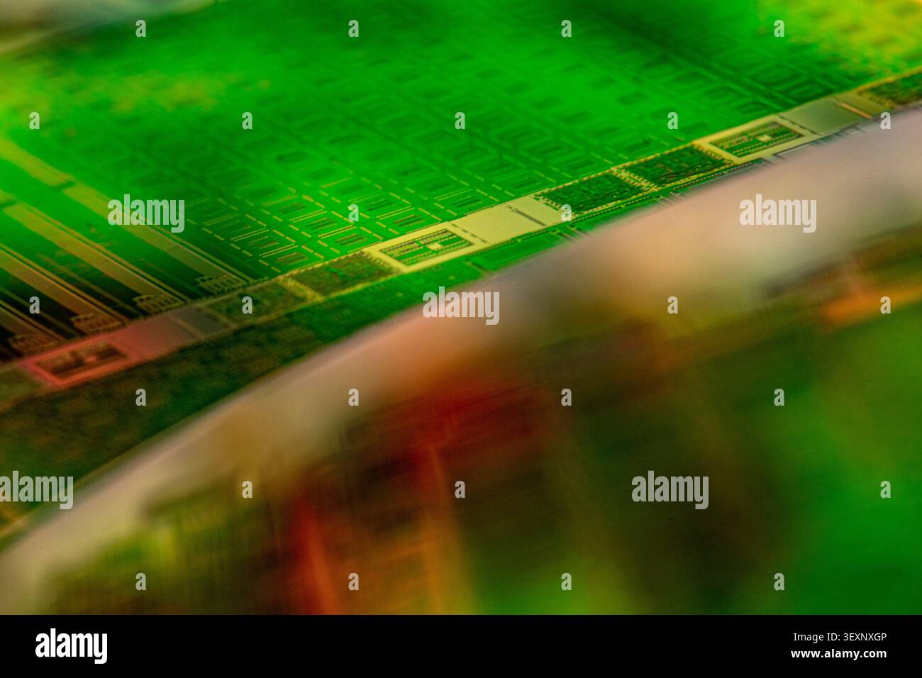 Green silicon wafer displaying microchip patterns, symbolizing technology and data processing Stock Photo