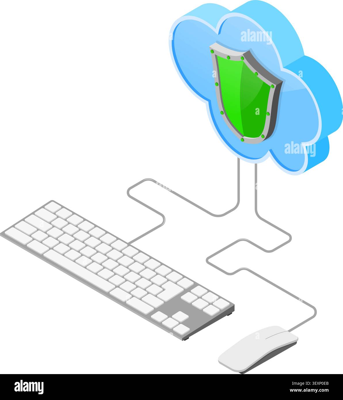 Cloud Computing Technology Isometric Concept with Computer Keyboard, Mouse and Shield Icons. Security cloud storage server. isolated vector illustrati Stock Vector