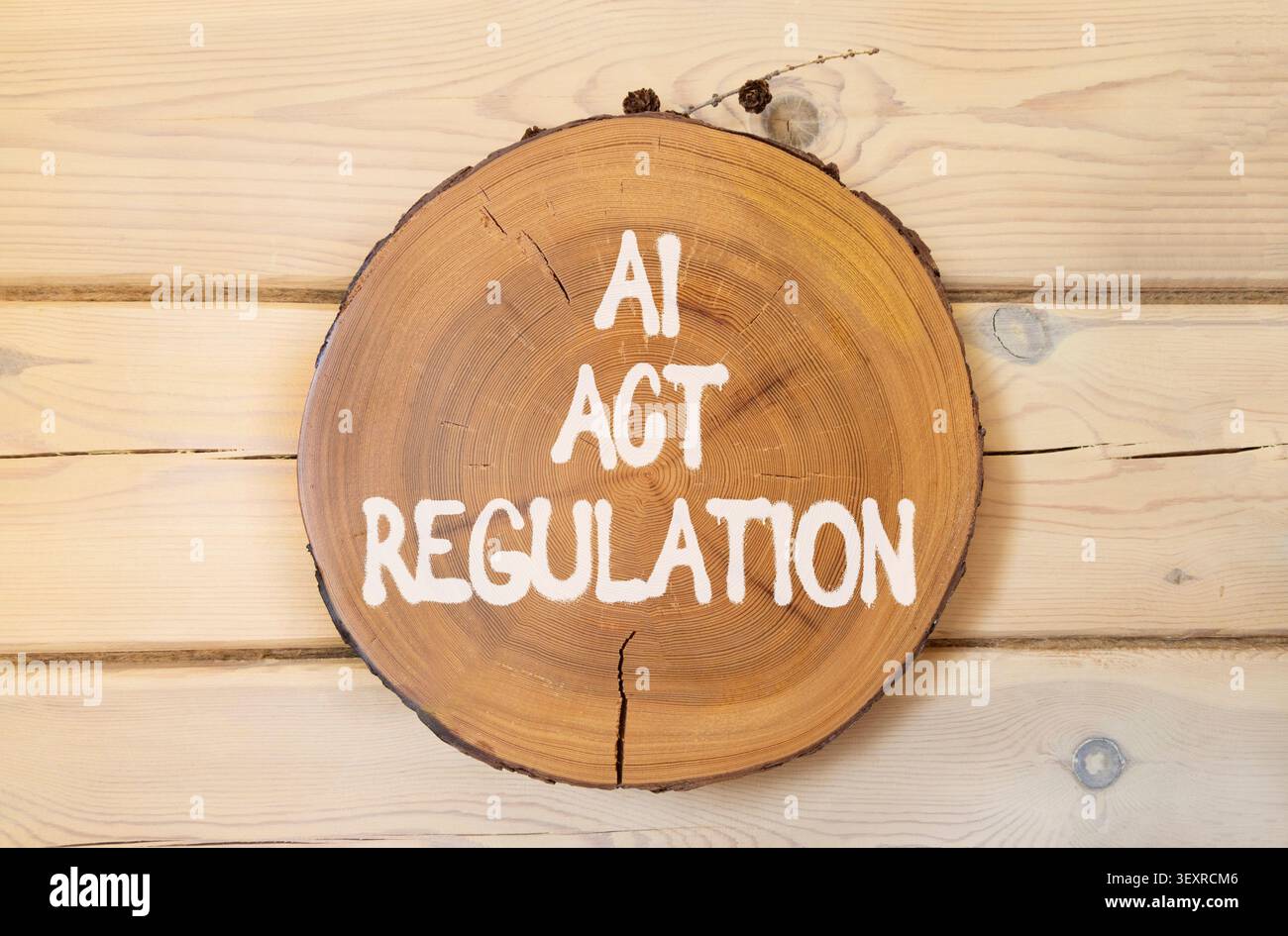 AI act regulation words symbol. Concept words AI artificial intelligence act regulation on beautiful wooden circle. Beautiful wooden wall background. Stock Photo