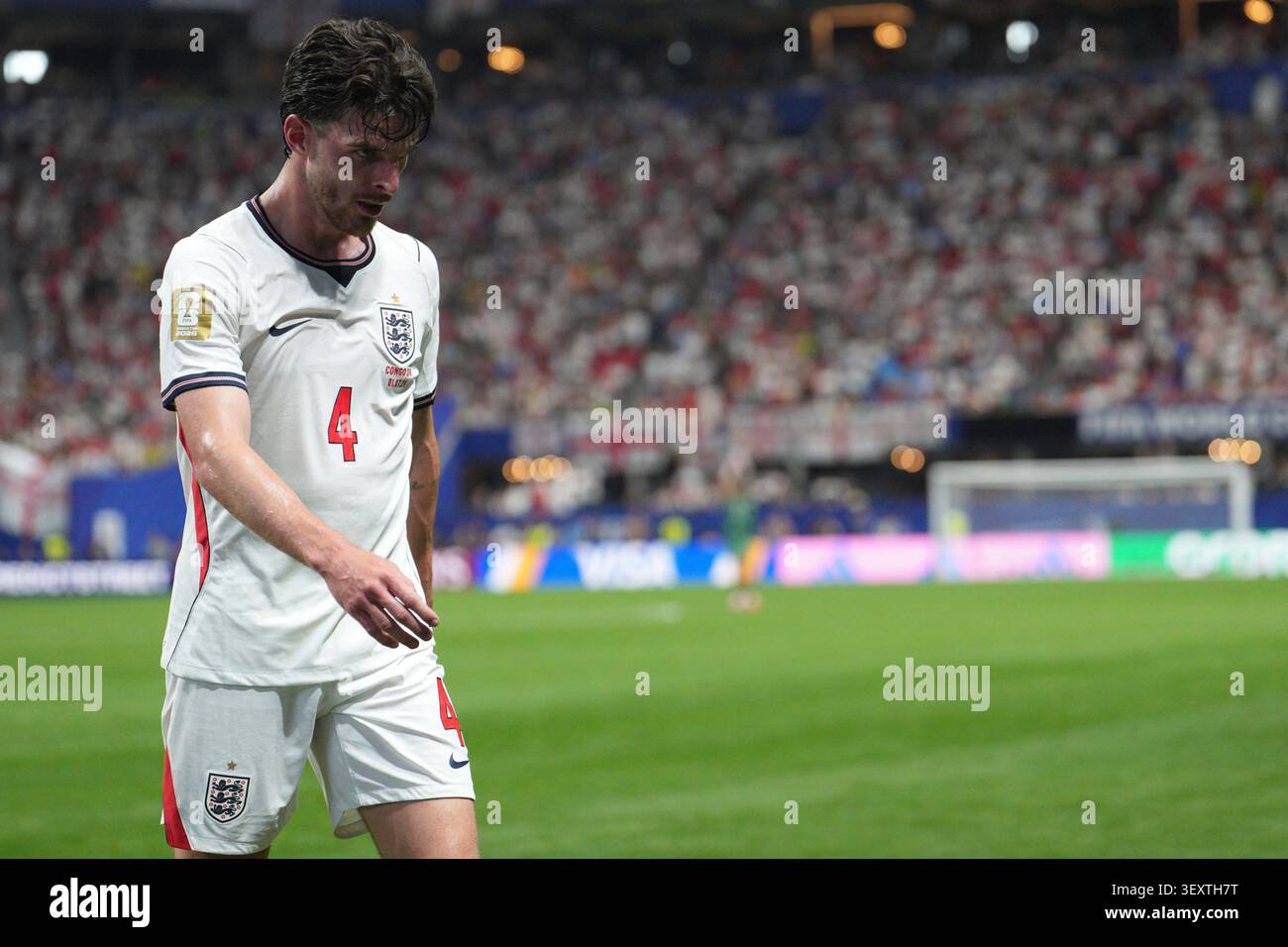 England's Declan Rice (4) leaves the pitch after the end of the first ...
