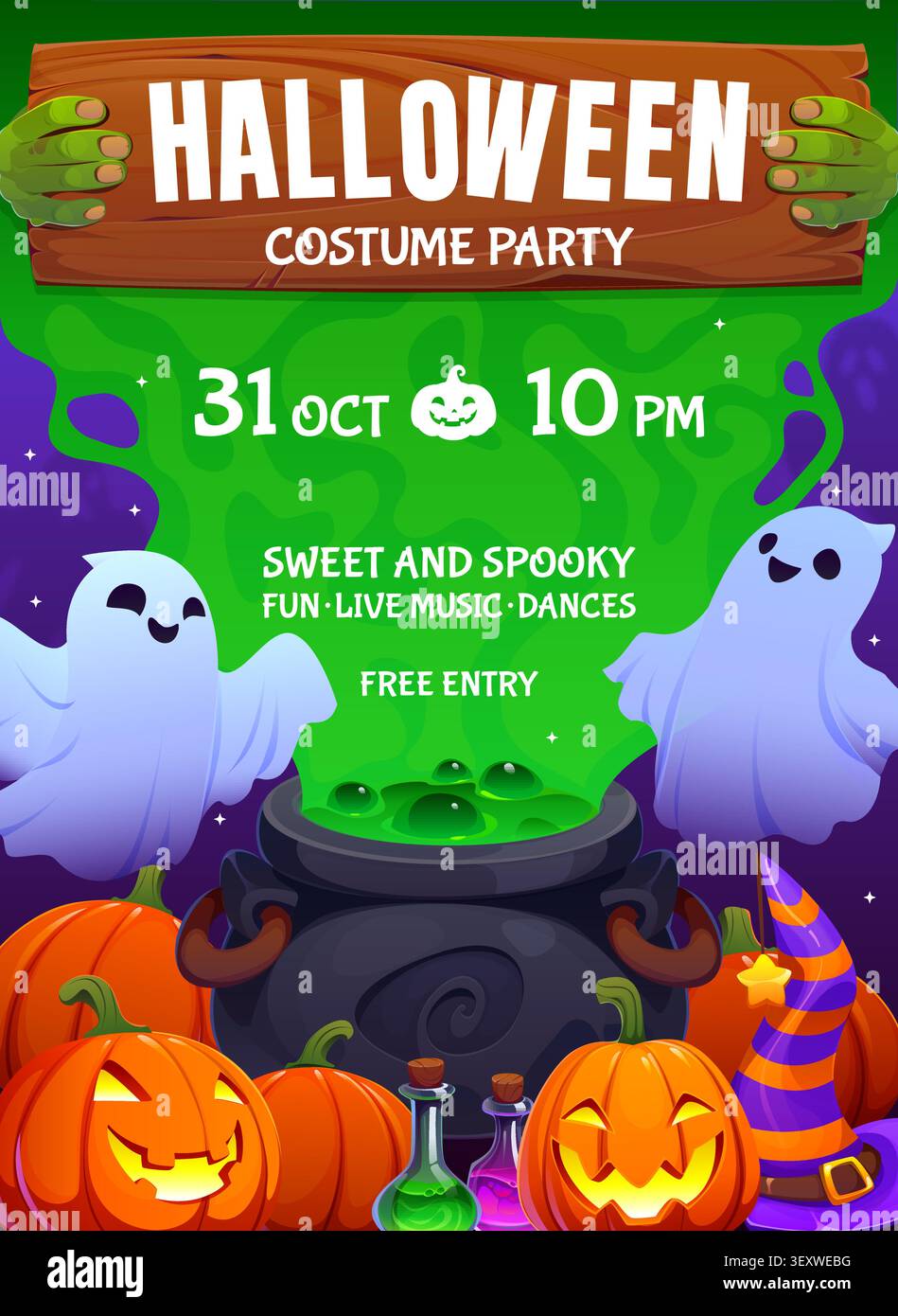 Halloween party flyer with ghosts and cauldron Stock Vector