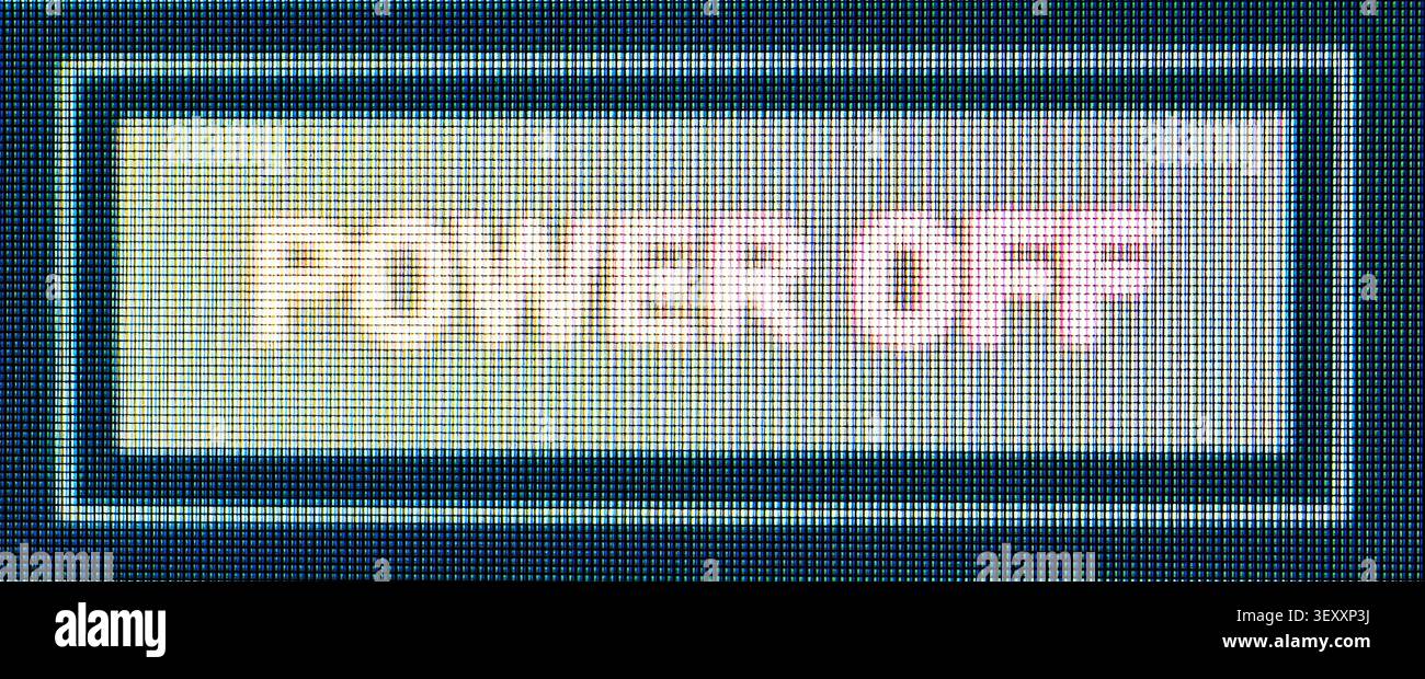 Power off button displaying on a close-up electronic LCD screen with visible pixels Stock Photo