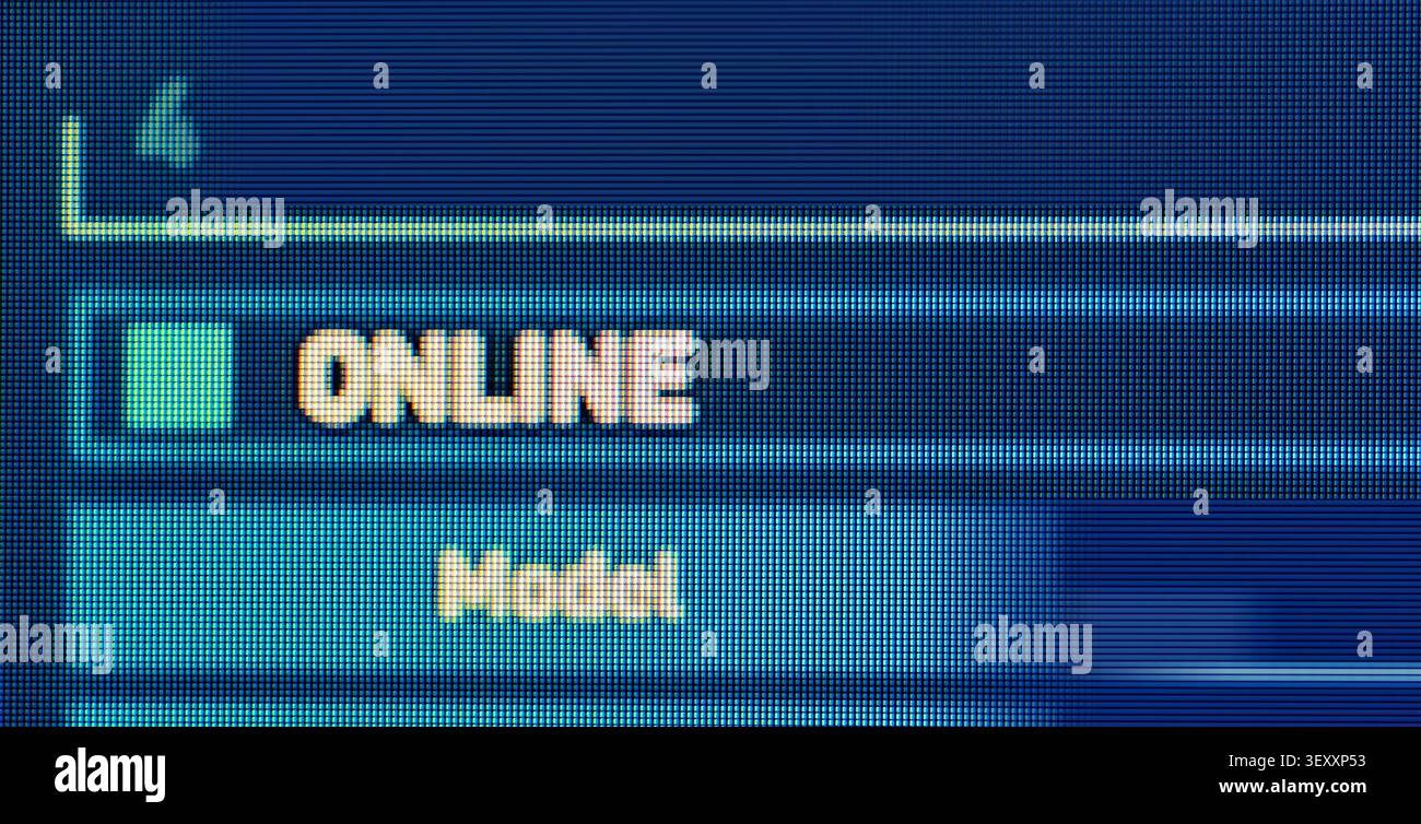 Pixelated screen displaying online status and data on a blue digital background Stock Photo