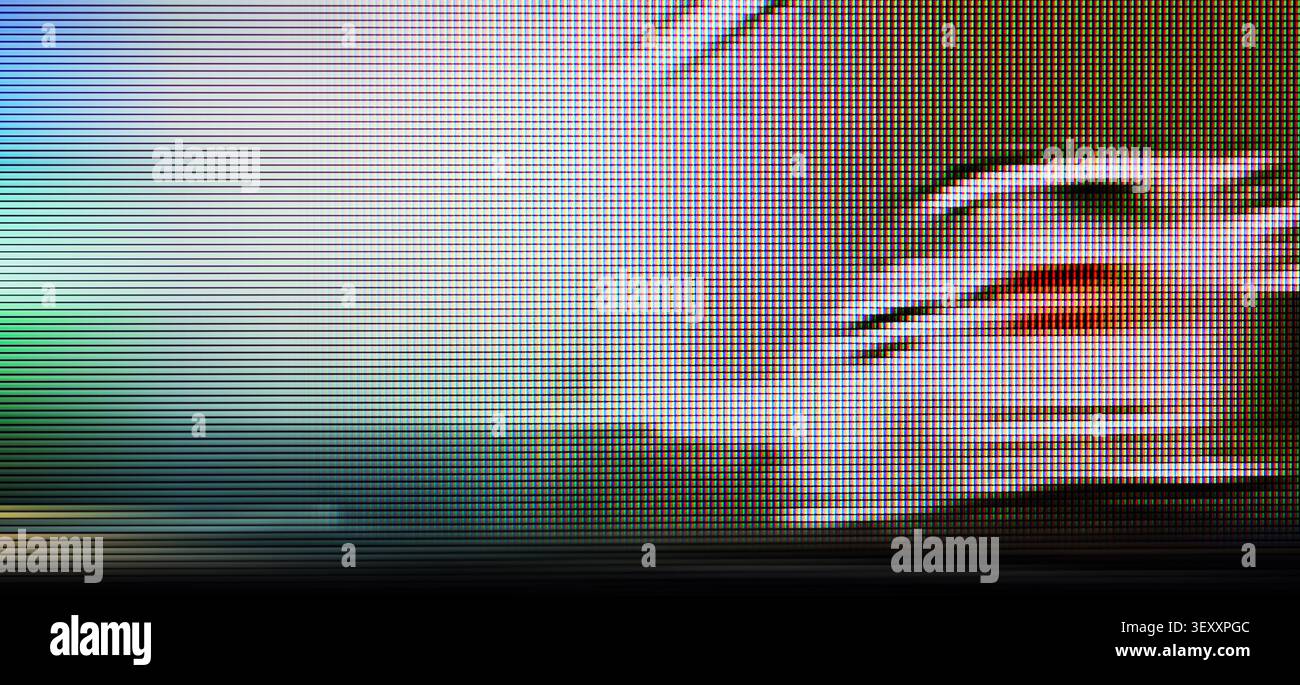 Digital screen showing abstract pixel art and visual interference creating a technological background Stock Photo
