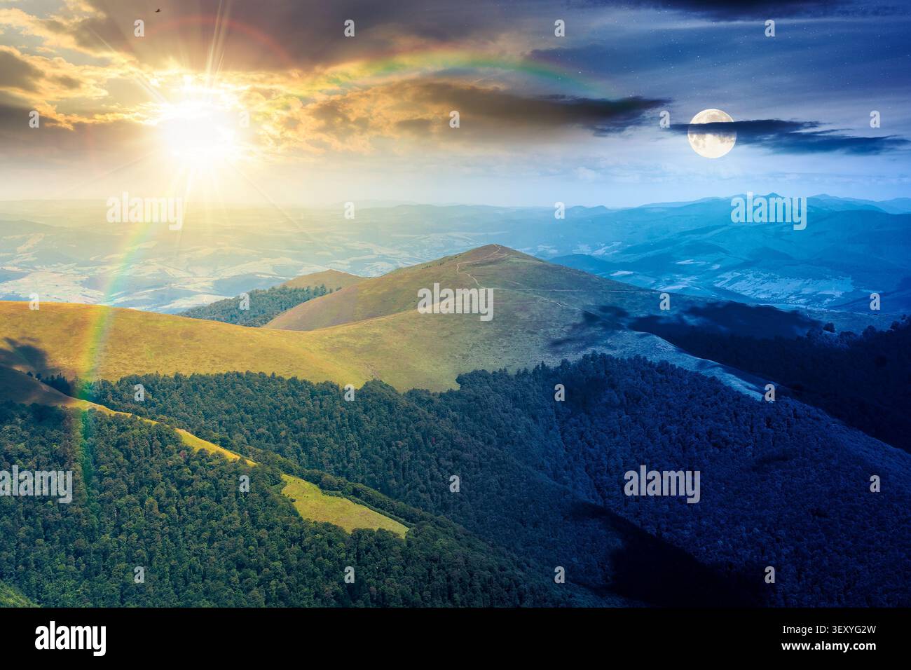 epic mountain landscape in summer. day meet night. travel ukraine background. sun and moon over rolling hill in dappled light. scenic view of borzhava Stock Photo