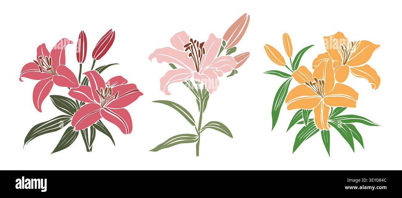 Three stylized lily clusters in soft, warm hues Stock Vector