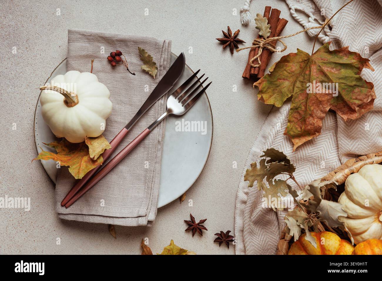 Flatlay with fall table setting and cinnamon sticks.. Stock Photo