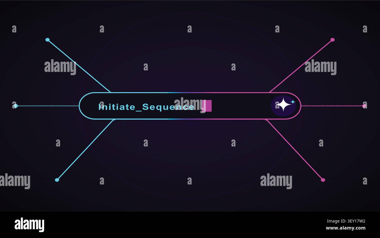 Futuristic digital interface with 'Initiate_Sequence' text and glowing lines on a dark background. Stock Vector