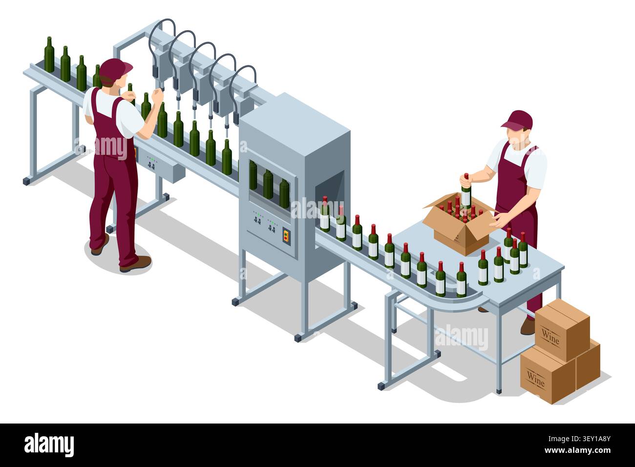 Wine production illustration shows grape processing, labor and factory workflow Stock Vector