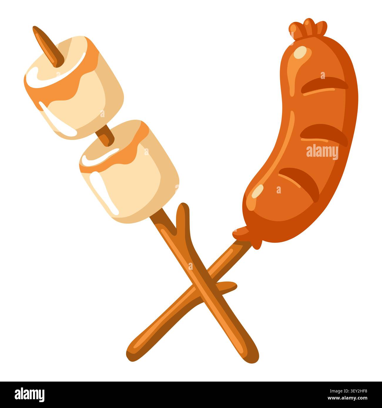Roasted marshmallows and sausage on skewers. Cartoon vector isolated illustration on white background.  Stock Vector
