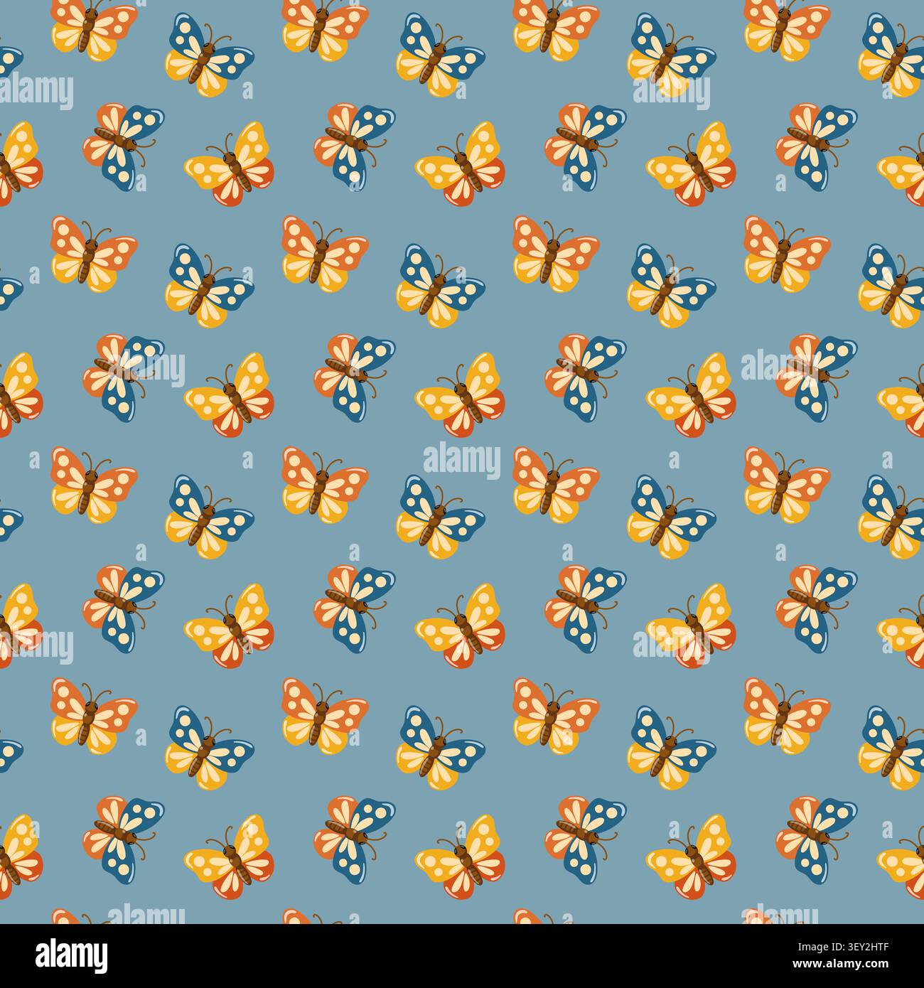 Colorful butterfly seamless pattern on blue background. Cartoon vector repeat print.  Stock Vector