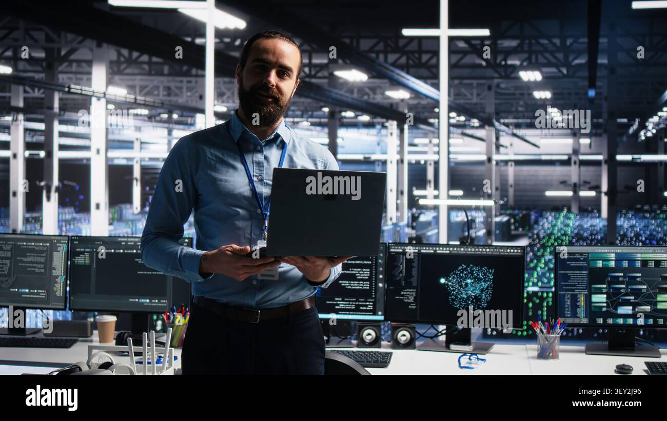 High tech server room team supervisor presents AI technology to shareholders, demonstrating predictive maintenance capabilities. Stock Photo
