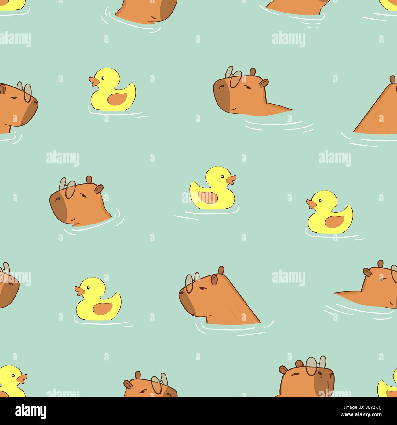 Swimming capybara and rubber duck seamless pattern. Vector illustration Stock Vector