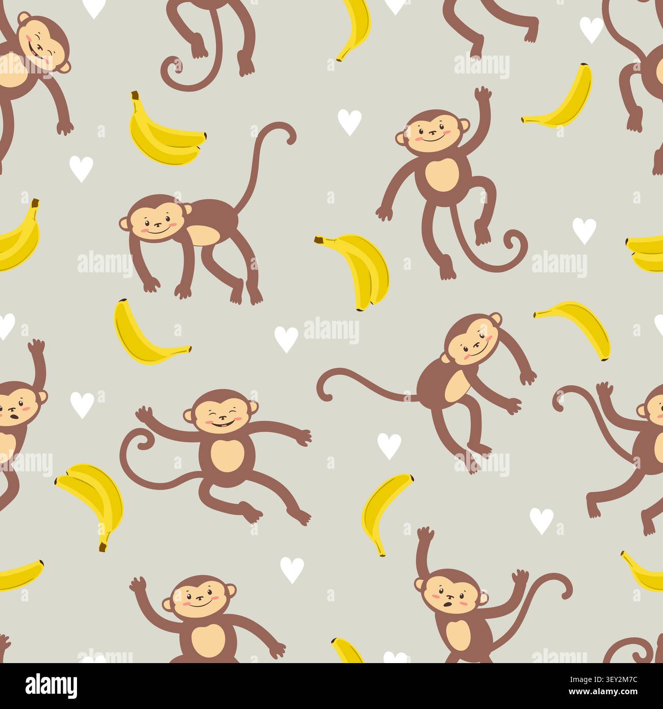 Cute cartoon mankeys and bananas seamless pattern. Vector illustration for kids Stock Vector