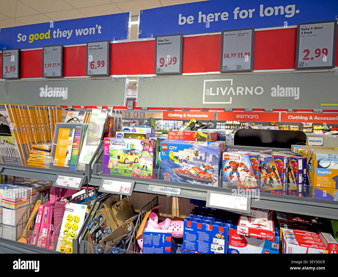 Lidl middle aisle with limited-time home and toy products displayed in a UK supermarket in Latchford Warrington Stock Photo