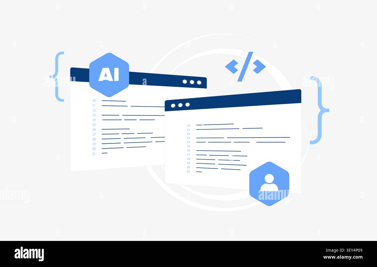 AI code review with intelligent code comparison, developer collaboration and software quality analysis. Programming assistance, code optimization and Stock Vector