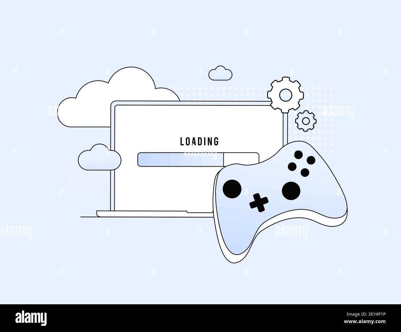 Game launcher with download progress, installation process and cloud synchronization. Gaming platform, software update and loading interface vector illustration. Stock Vector