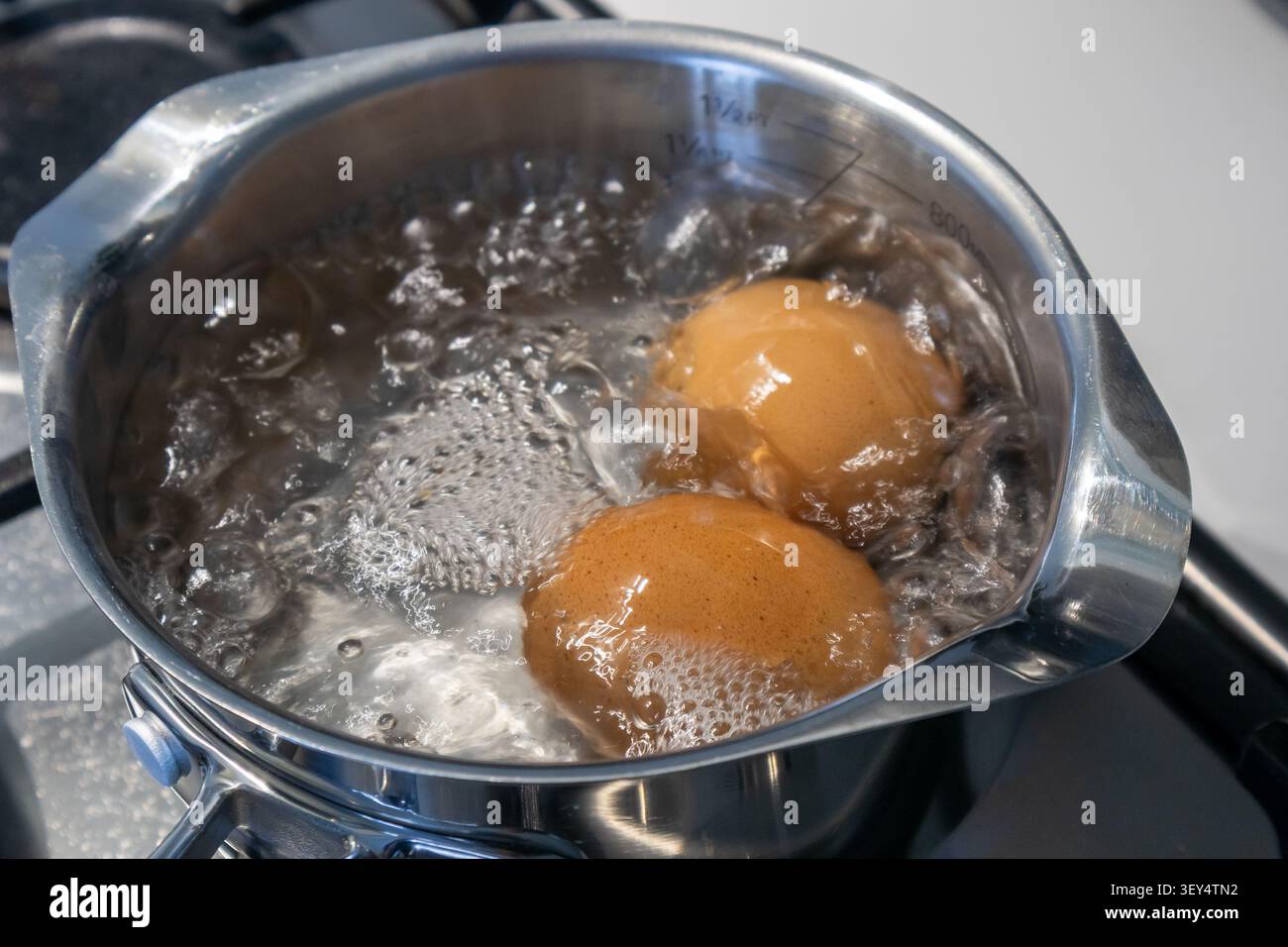 Two brown eggs boiling in stainless steel pan with bubbling water Stock Photo