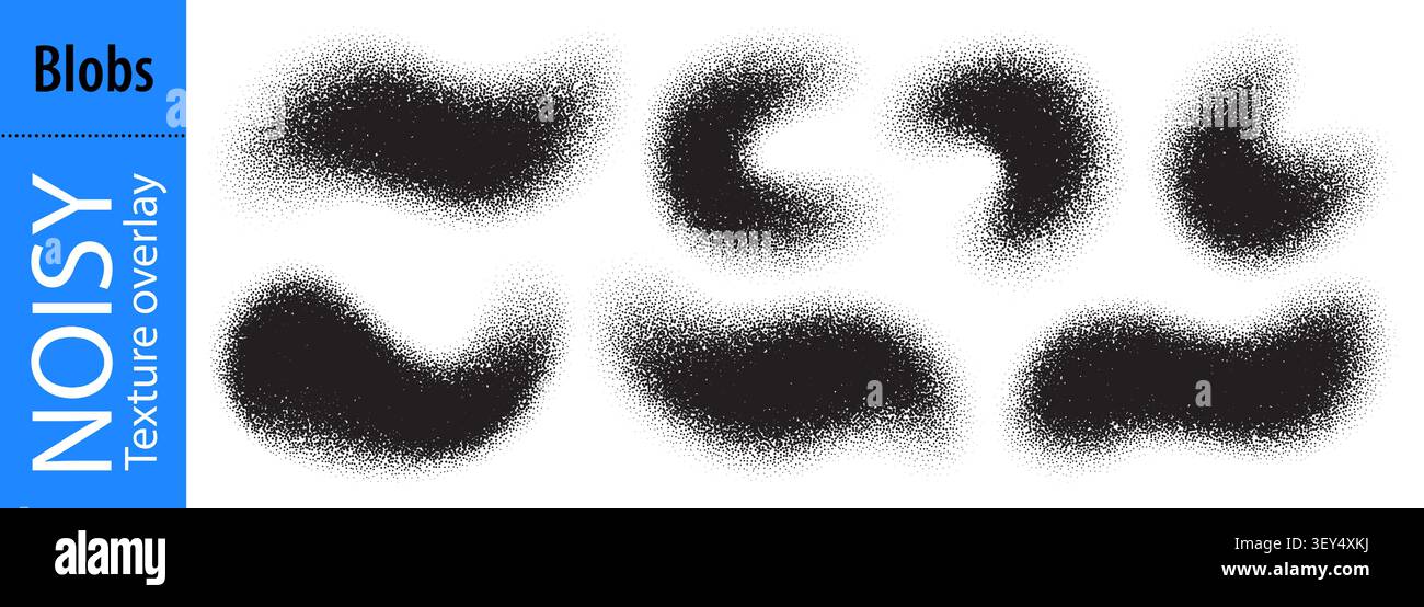 Sprayed gradient brush, wave granularity paint with noise point pattern. Abstract white shadow for grainy dotted element and black blob shape Stock Vector