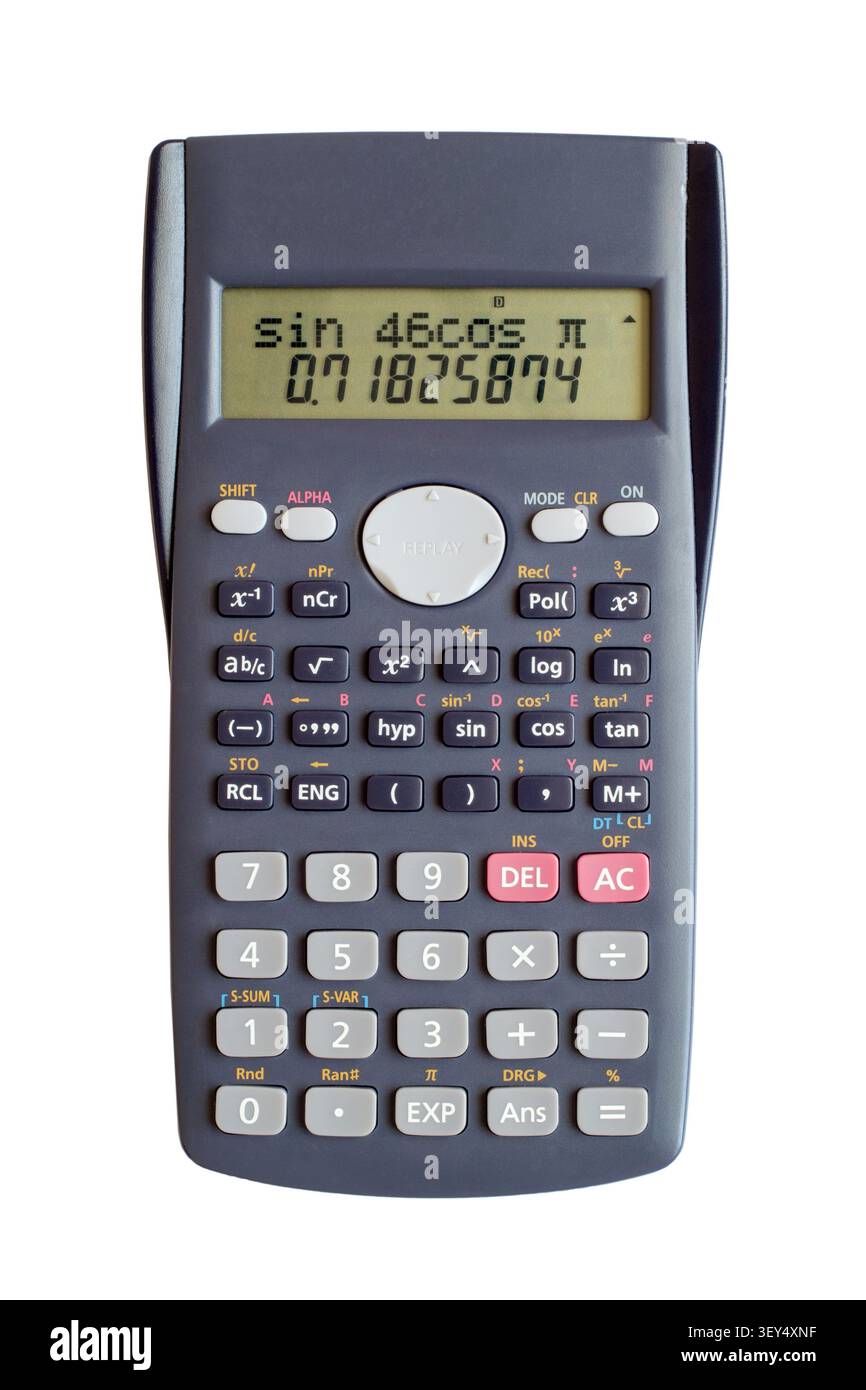 Engineering calculator isolated on white background. Calculator for mathematical calculations. Stock Photo