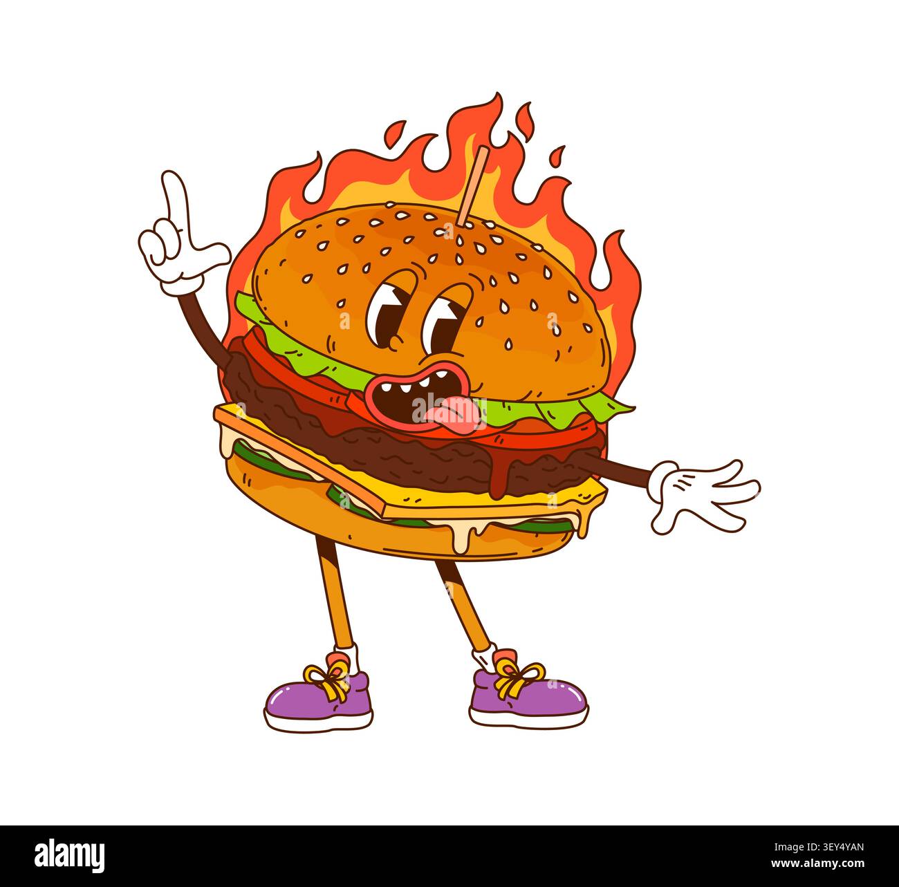 Groovy burger with fire flames, spicy cheeseburger Stock Vector