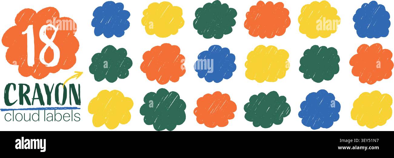 Crayon fluffy label collection. Cute doodle wavy frame set Stock Vector